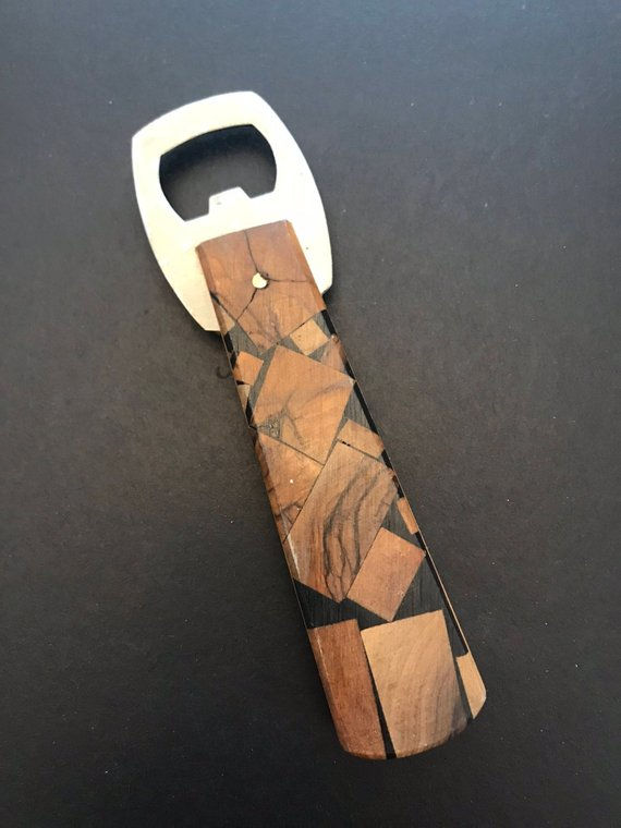 Thumbnail: Bottle Opener, Mid Century Barware, Inlaid Olive Wood