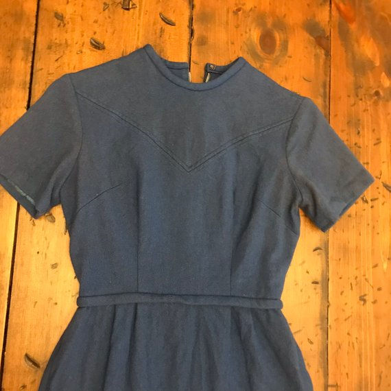 Thumbnail: Vintage Dress, 60s Wool Dress. Blue Fitted Dress, Short Sleeve Wool Dress XS