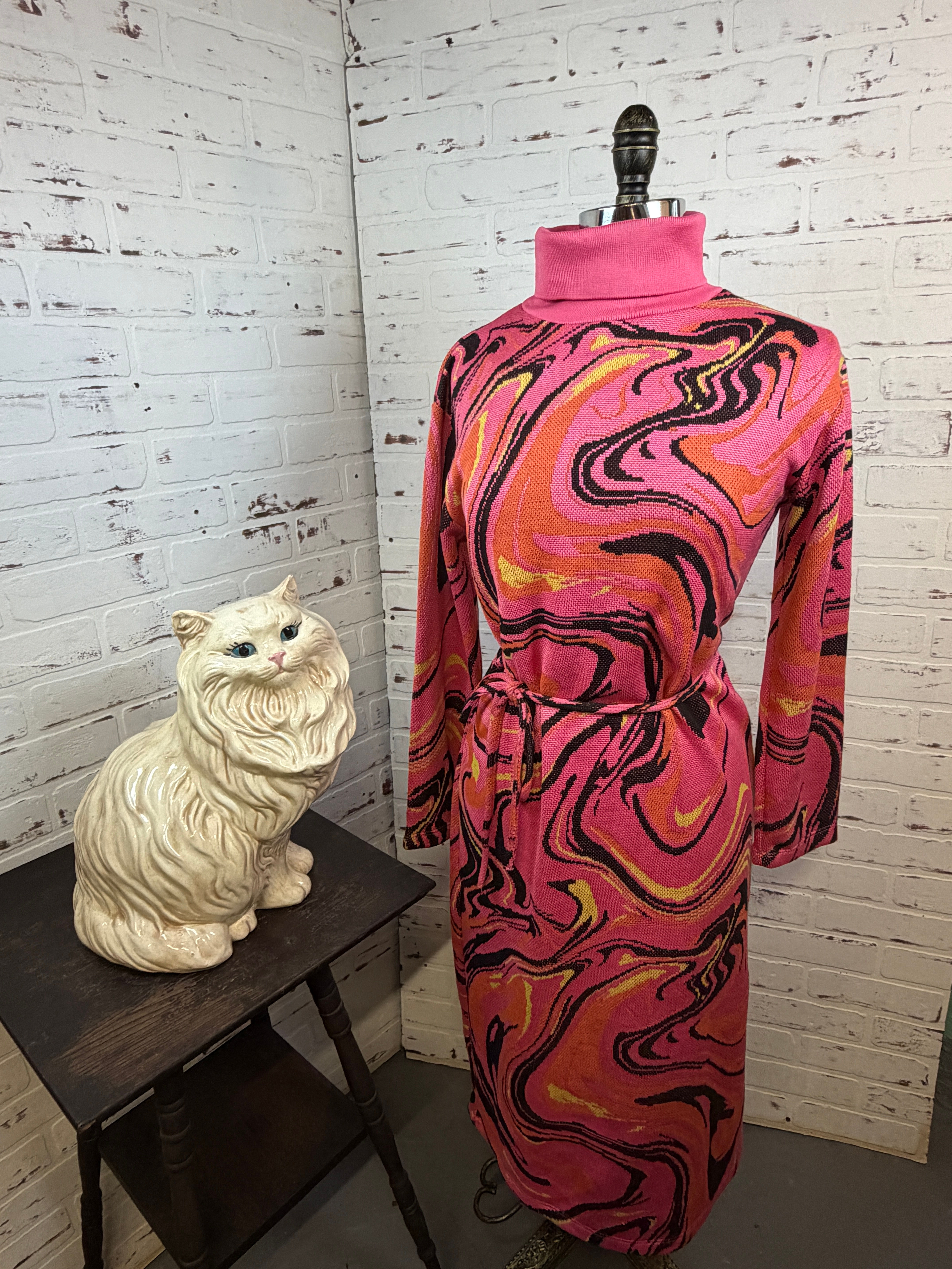 Zara Knit Turtleneck Midi Dress Pink Swirl Psychedelic Belted Bodycon  (CL-A292)