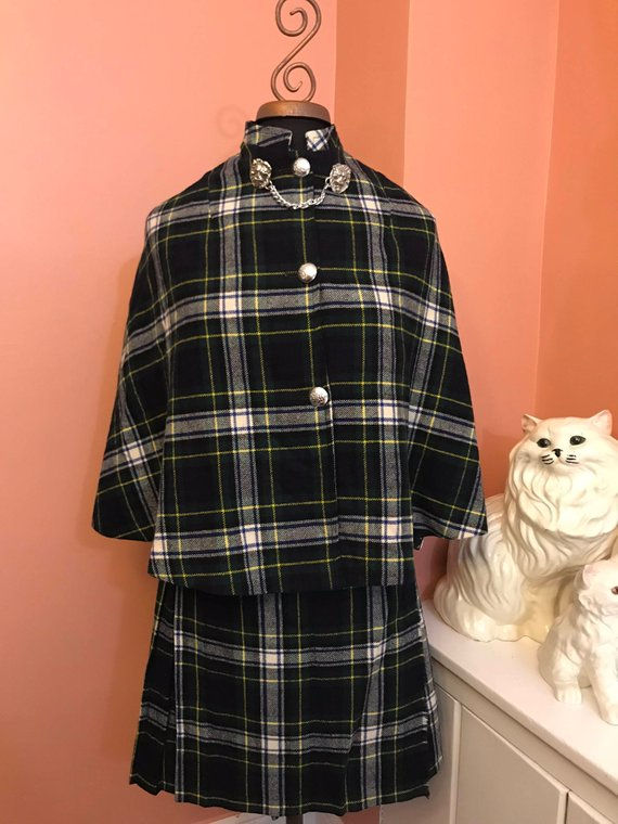 Vintage Plaid Skirt Cape Set, Poncho Plaid Skirt, Kilt, Tartan, Catholic School