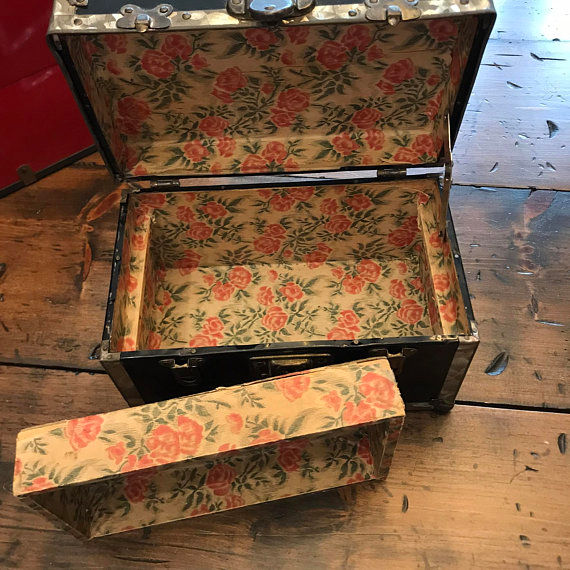 Thumbnail: Vintage Metal Trunk, BLACK 1960s Doll Trunk, Doll Clothing