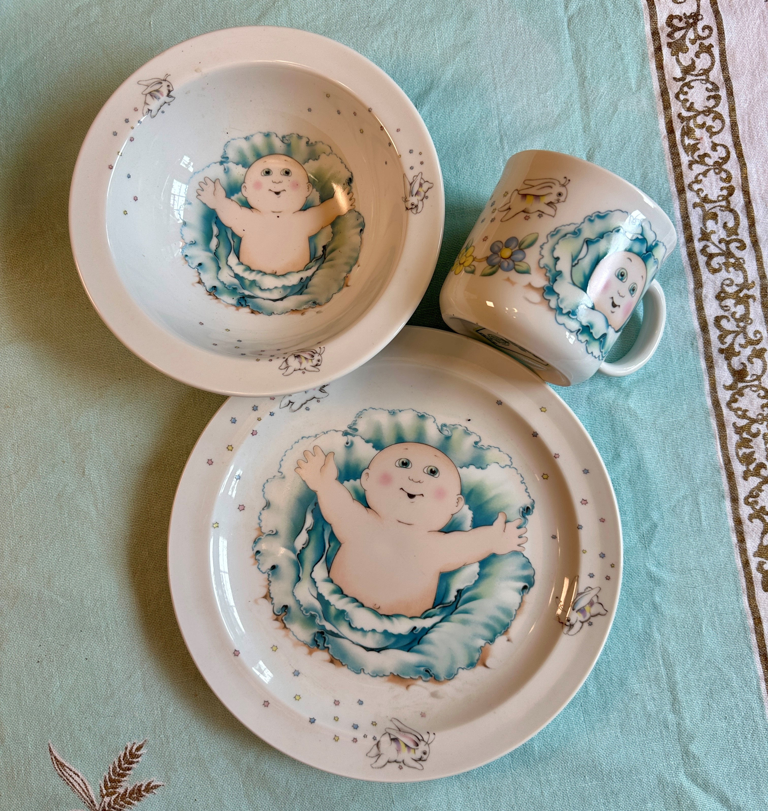 Vintage Cabbage Patch Kids Dish Set 1984: Ceramic Plate, Bowl and Cup (CO-A066)