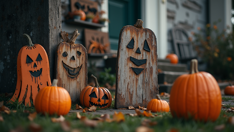 Close-up view of homemade Halloween decorations made from old sheets