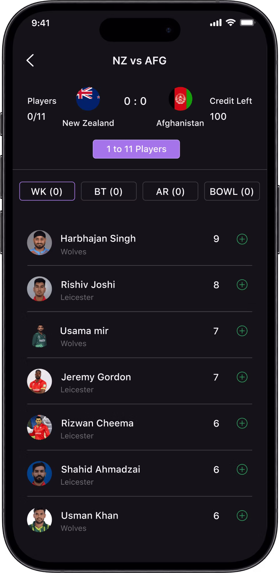 Fantasy sports app screen with team selection and player stats