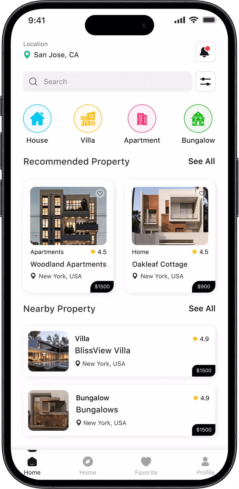 Real estate app interface with property search and listing cards