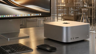 Desk with Apple hard drive and monitor