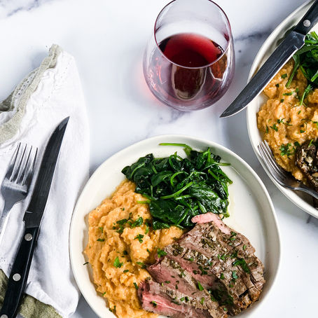 Chimichurri Flank Stank with Creamy Chili Polenta and Garlicky Spinach