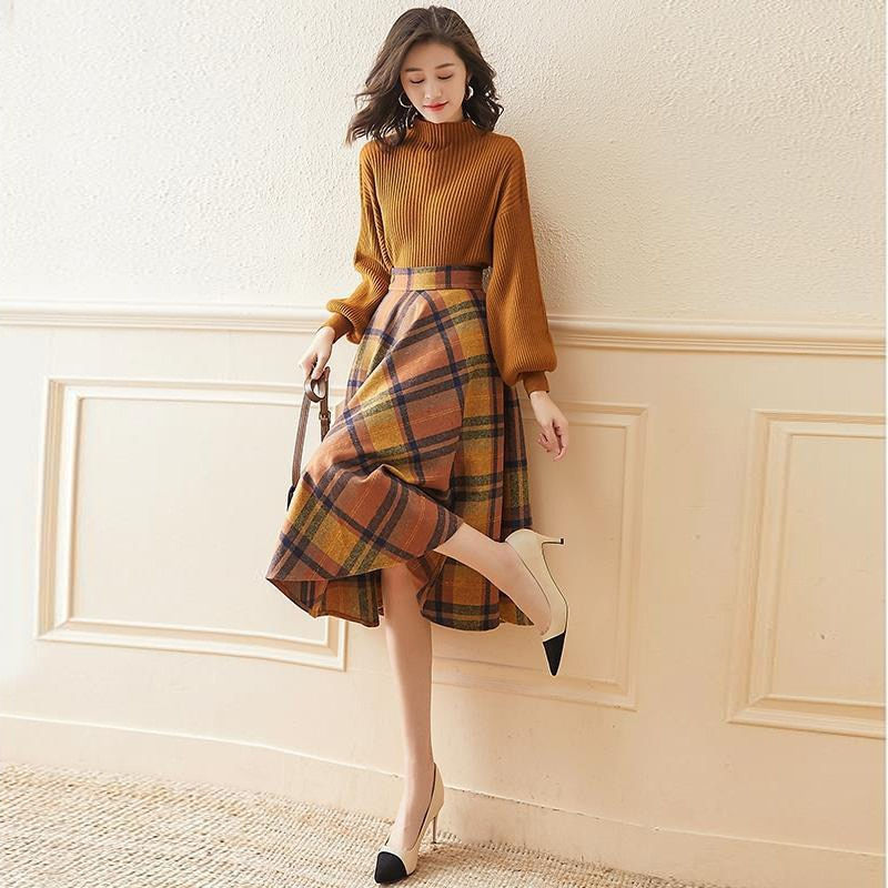 Thumbnail: Two-piece sweater retro plaid skirt suit