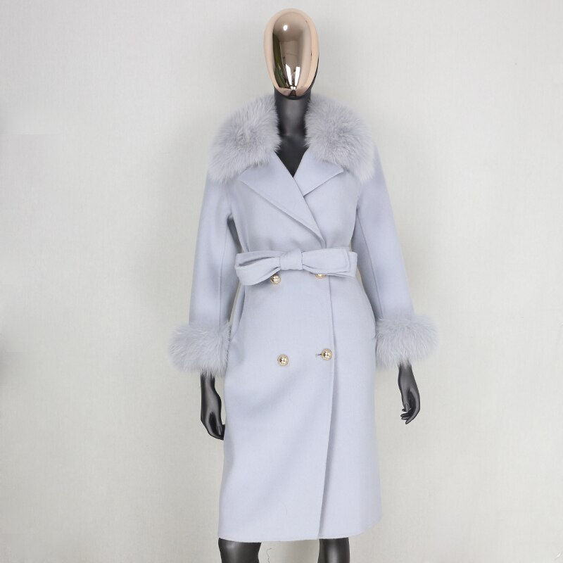 Thumbnail: Cashmere Wool Blends Real Fur Coat Double Breasted Winter Jacket Women