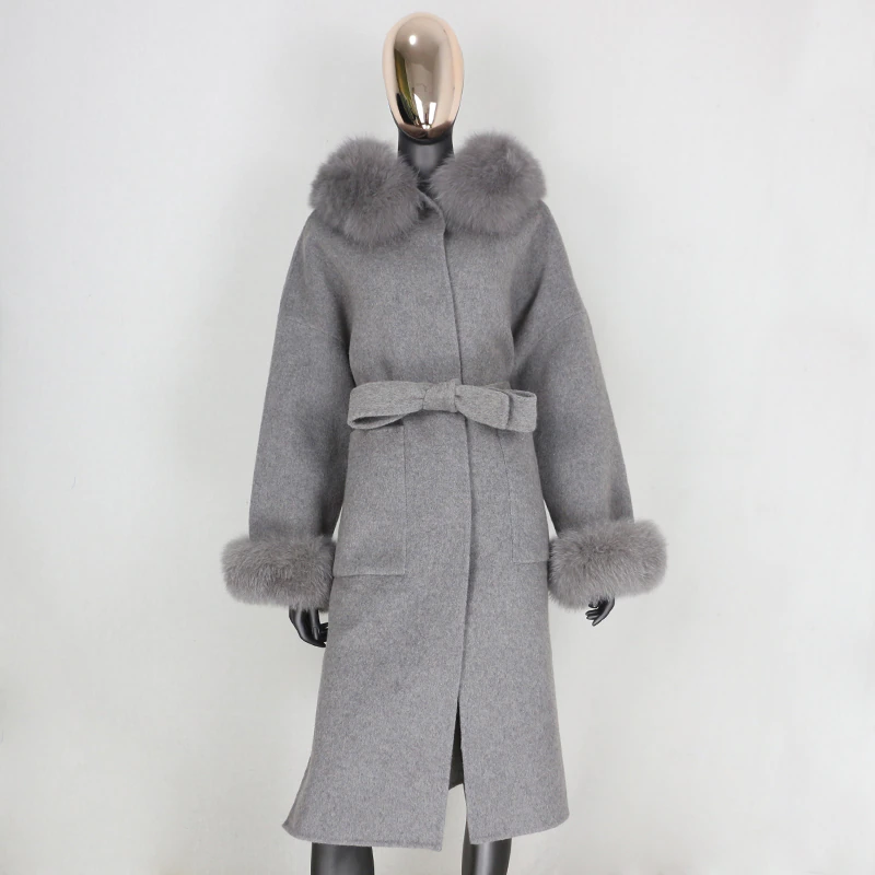 Thumbnail: Winter Jacket Women 100% Natural Fox Fur Collar Cuffs Cashmere Wool Blends 