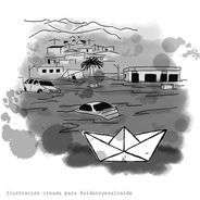 Ilustración original para el poema "El llanto de la quebrada". Se observan los destrozos típicos de un aluvión y un bote de papel en primer plano.