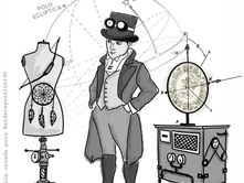 Ilustración original para el poema "Hacedor de humo". Se ve a una persona con sombrero de copa y diversos artilugios mezcla de steampunk y elementos indígenas.
