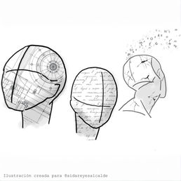 Ilustración original para el poema "De intelecto a saliva". Se observan 3 cabezas, una con diseños técnicos, otra con letras escritas y una tercera con grietas por donde se escapan letras y números.