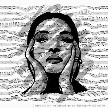 Ilustración para el poema "a mi nombre ponle oído". Se muestra el rostro de María Callas con un fondo de pentagramas y notas musicales distorsionadas.