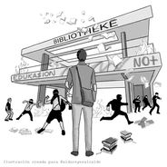 Ilustración muestra un profesor mirando como manifestantes destruyen una biblioteca. Inspirado en los hechos del 19 de octubre de 2019 en Chile.