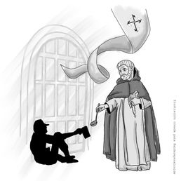 Ilustración para el poema "La parábola de Anadón". Representa al fraile alimentando a un limosnero en la puerta de una parroquia con una cinta volando sobre ellos con la insignia de Los Dominicos.