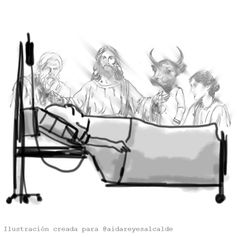 Ilustración original creada para el poema Acelerar la Muerte, se observa una persona en cama rodeada de personajes como Socrates, Jesus, Asterion y Virginia Woolf.