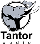 Mosaic Audio for Tantor Audio, with an elephant stepping through a circular hole above the words "Tantor audio" in grayscale