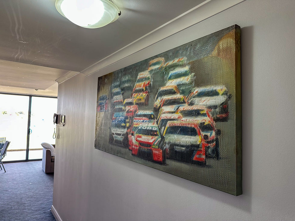 Wall art fitting for a car-guy at the Rydges Mt Panorama