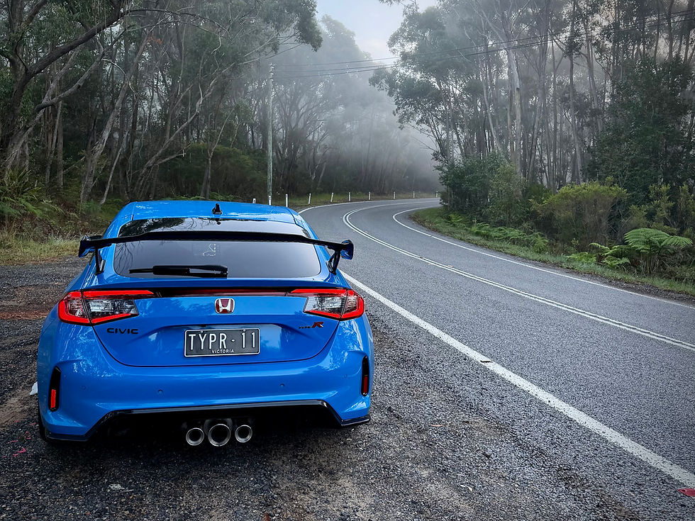 Blue Honda Civic Type R parked on a foggy winding forest road, rear view with spoiler and Victorian plate TYPR-11.