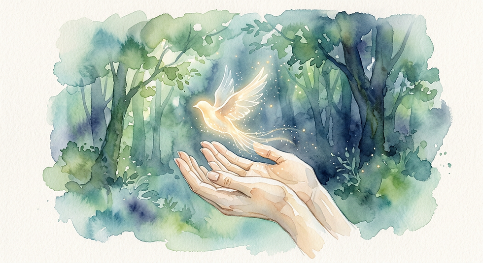 A glowing bird of translucent energy takes flight from open hands, soaring into the lush embrace of a vibrant forest.