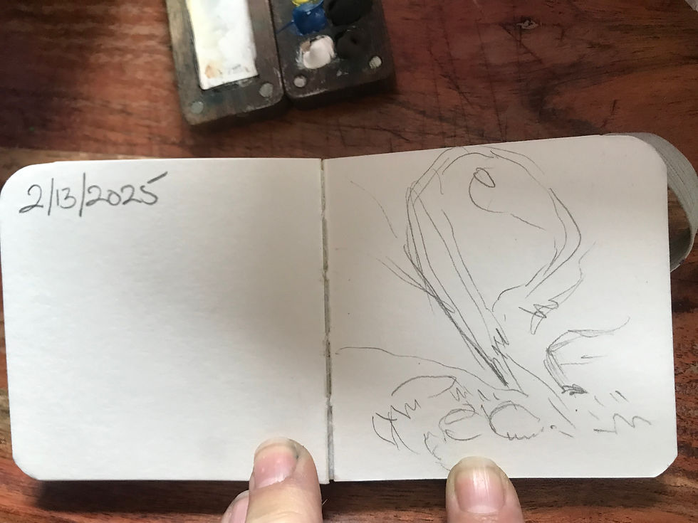 A sketchbook captures seemingly random lines and abstract shapes, dated February 13, 2025, inviting interpretation and reflection on the meaning of observation.