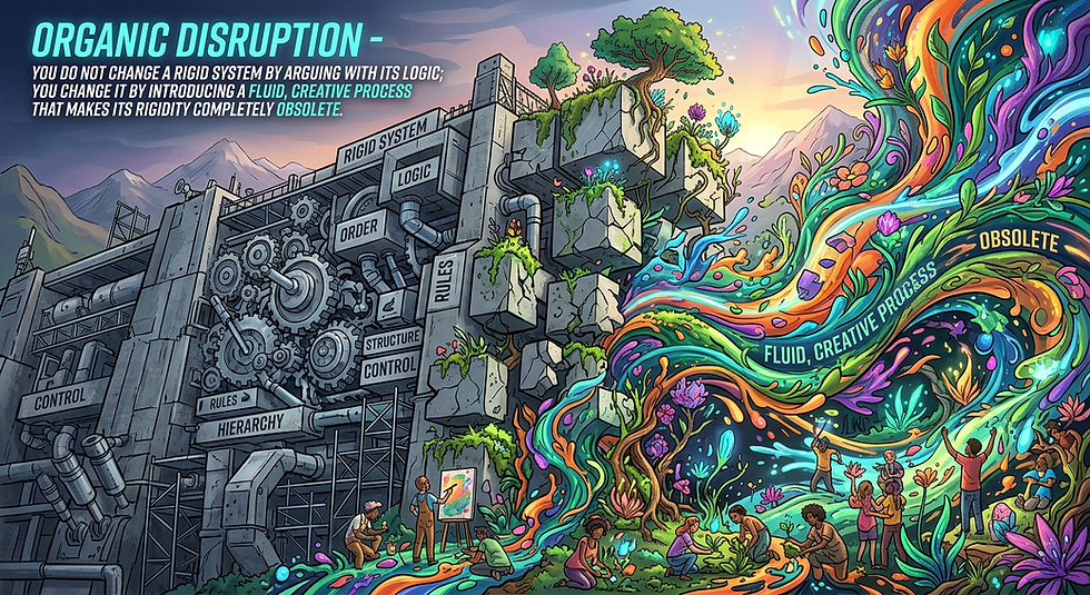 The illustration vividly contrasts a rigid mechanical system with a vibrant, organic process, emphasizing the power of creativity to transcend and render obsolete the constraints of traditional structures.