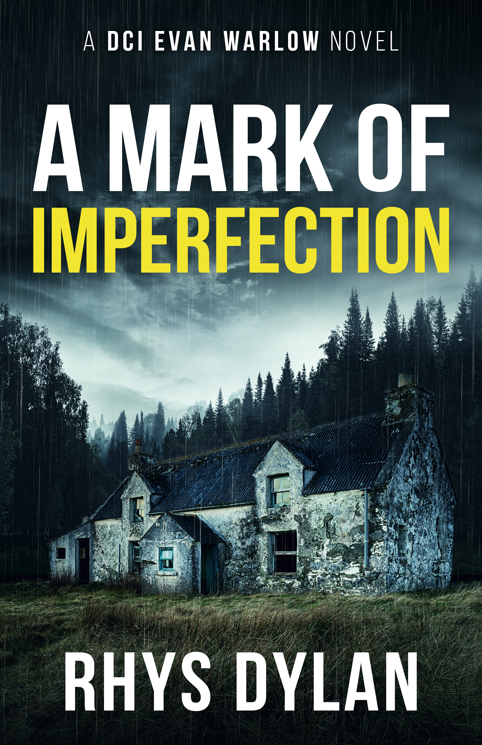 A Mark of Imperfection by Rhys Dylan, DCI Evan Warlow Book 6. Cracked stone wall with a dark archway and overgrown plants.