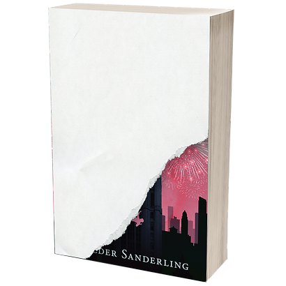 Book with a torn white cover revealing a city skyline