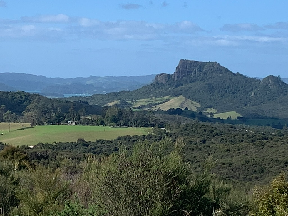 A mountain scene with blue sky and forests at the foot hills