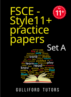 FSCE Style 11+ Practice Papers Set A by Gulliford Tutors - brown cover with word cloud and open book