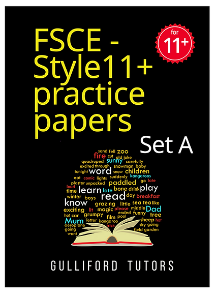 FSCE Style 11+ Practice Papers Set A by Gulliford Tutors - dark cover with word cloud lightbulb and open book