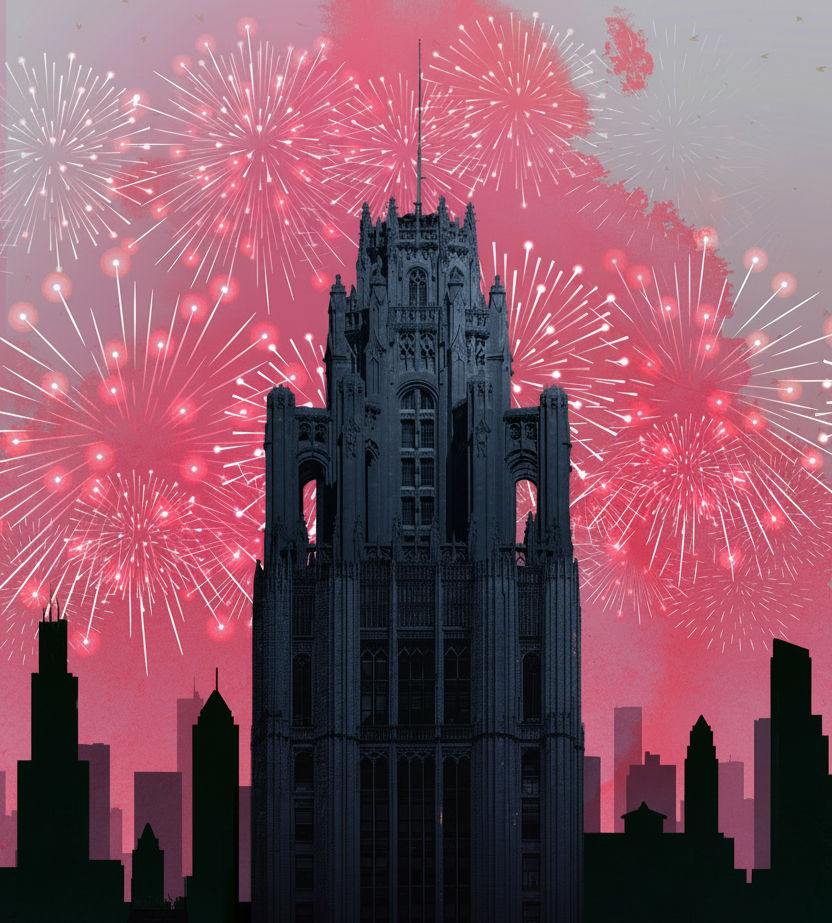 Gothic building with red fireworks over city skyline at night