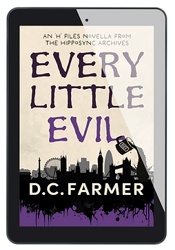 Ebook mock up of FREE Novella of Every Little Evil by D.C.FARMER showing a mug spilling tea over London