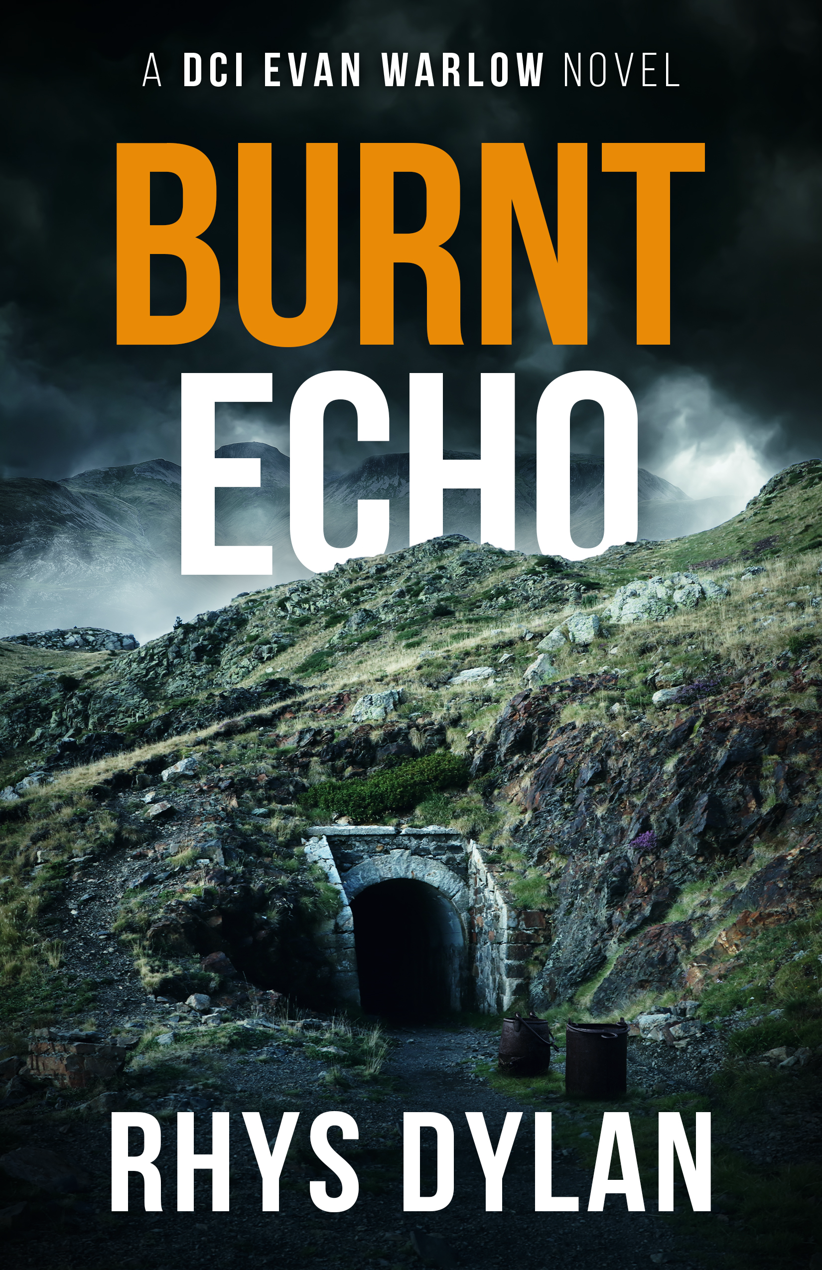 Burnt Echo by Rhys Dylan, DCI Evan Warlow Book 7. Flooded mine entrance in a rocky hillside under a grey overcast sky.