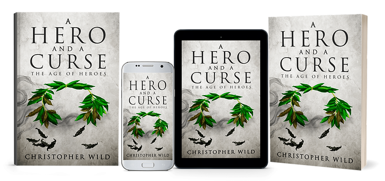 Multiple devices showing the cover of A Hero and a Curse by Christopher Wild showing a laurel wreath with decaying leaves