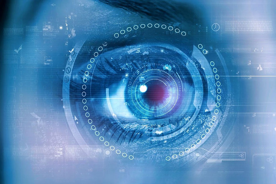 Close-up of human eye with digital technology interface, future vision concept.
