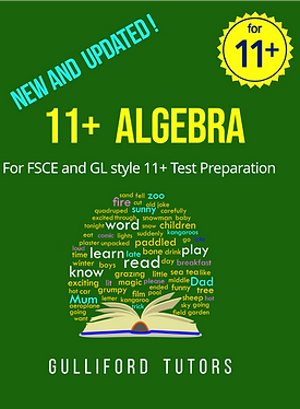 11+ Algebra by Gulliford Tutors - green FSCE/GL test prep with word cloud lightbulb and open book