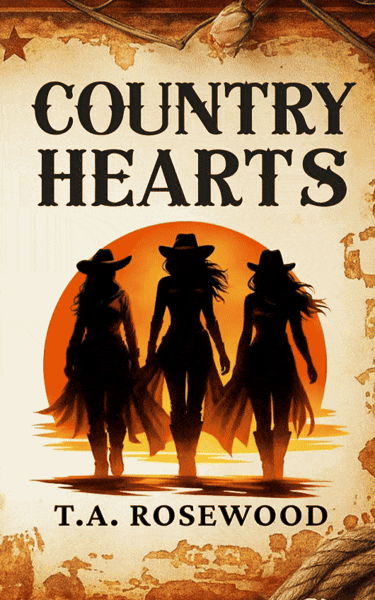 Book cover of Country Hearts by T.A. Rosewood, showing three cowboy-hatted women in silhouette before an orange sunset.