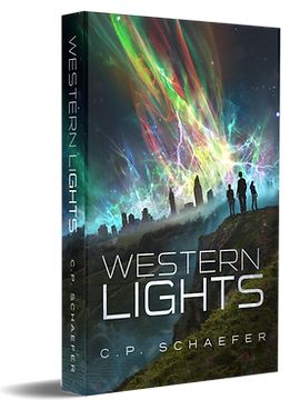 Book Cover of Western Lights by Author CP Schaefer showing figures in front of a sky with multi coloured lights 