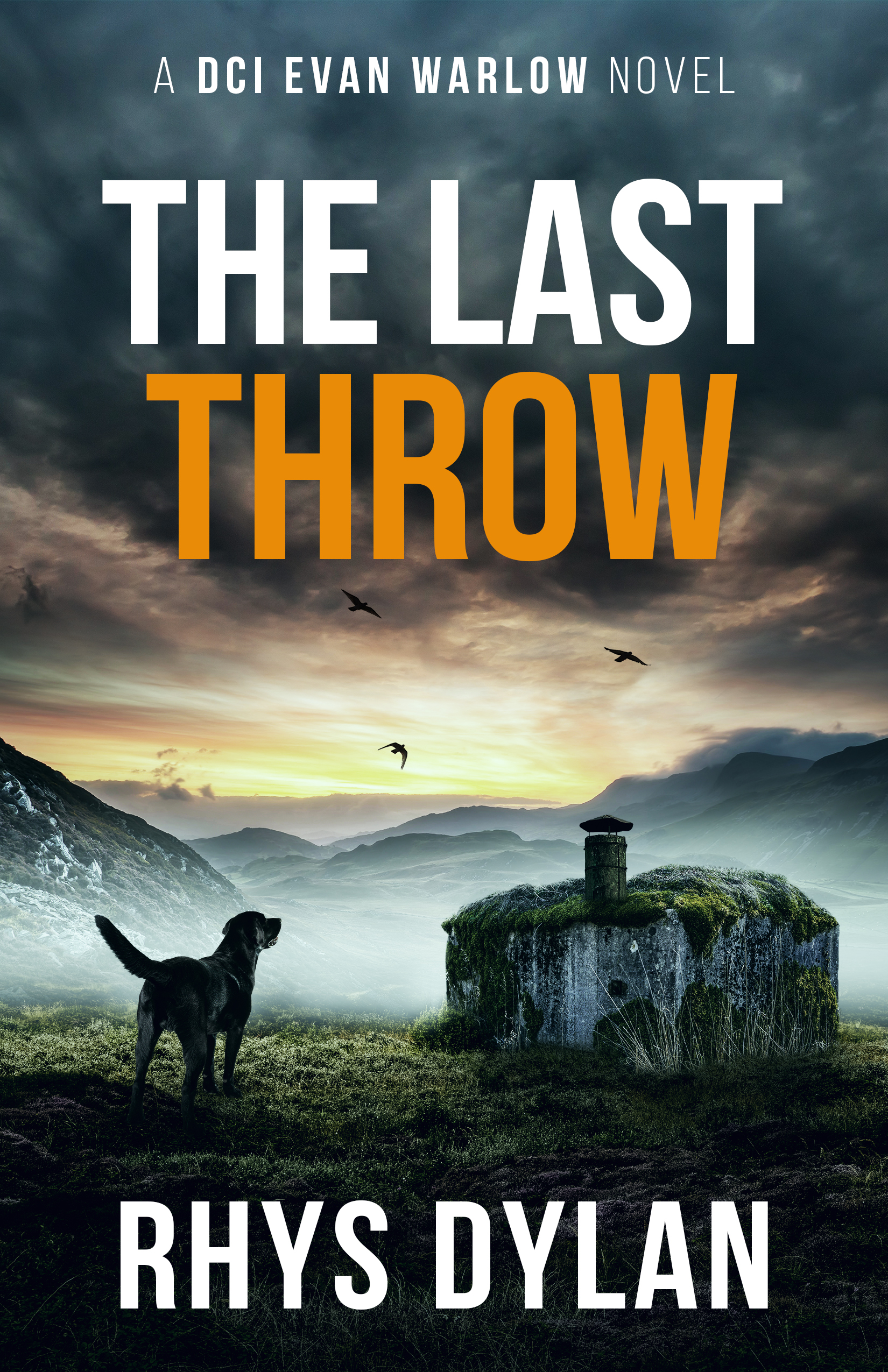 The Last Throw by Rhys Dylan, DCI Evan Warlow Book 13. Black dog on a hill facing a moss-covered stone building at dusk.
