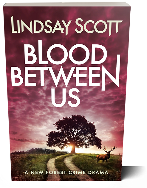 Cover of Blood Between Us book by author Lindsay Scott featuring a red sky with a black silhouette of an oak tree with a deer and tyre tracks in the foreground