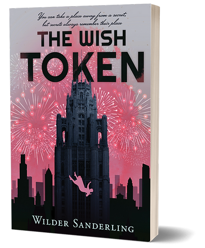 The Wish Token book cover, featuring a silhouette of a city and a pink silhouette of a woman falling of a building.