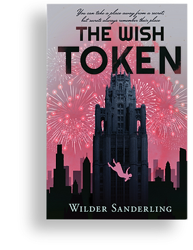 The Wish Token book cover, featuring a silhouette of a city with fireworks.