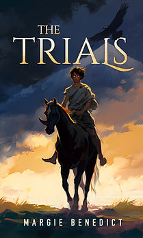 Person riding horse, 'THE TRIALS' by Margie Benedict, stormy sky.
