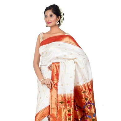 Traditional White Paithani Saree With Orange Border