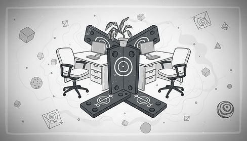 Illustration of two office desks facing each other with a large central device between them, connected by symmetrical cables and circular targeting marks.
