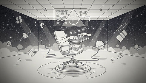 Seated figure working at a desk in a surreal space environment, surrounded by floating objects and softly glowing shapes.