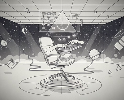 cosmic illustration phantom hands conducting typing in space