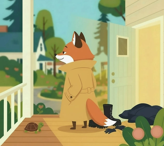 Fox removing extra coats at the doorway and stepping forward more freely in the Everyday Fool Armor Loop children's story.